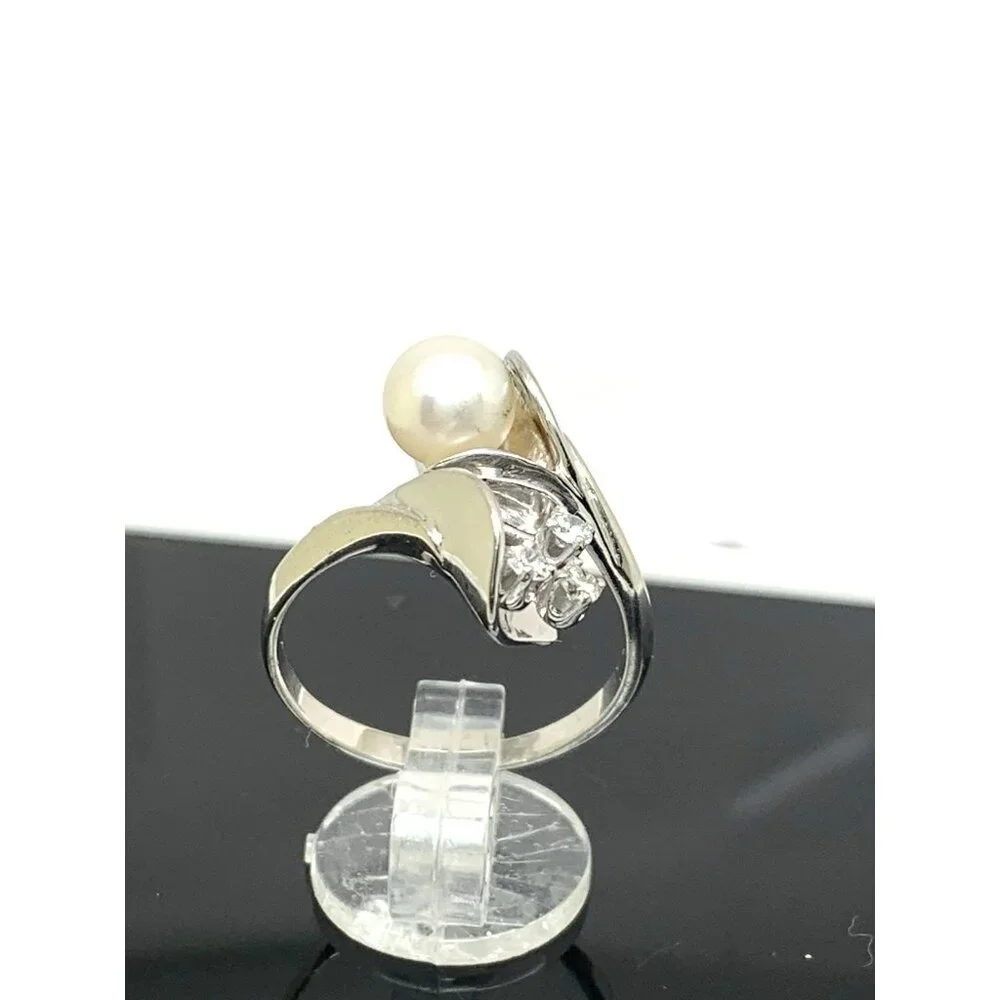White Pearl 7mm Diamond Cocktail Ring 14k White Gold Estate Women's Size 8.25